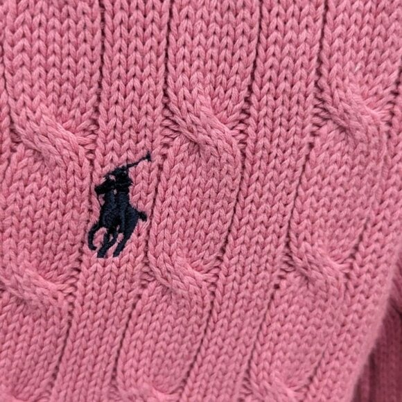 Ralph Lauren Sport Pink 100% Cotton Cable Knit V Neck Pullover Sweater Small S - Picture 3 of 4